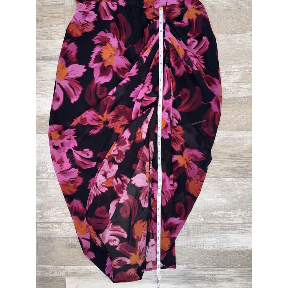 SHEIN BAE Curve NWT Black Pink Floral Ruched Midi Dress Cowl Neck Bodycon Party - Picture 10 of 11